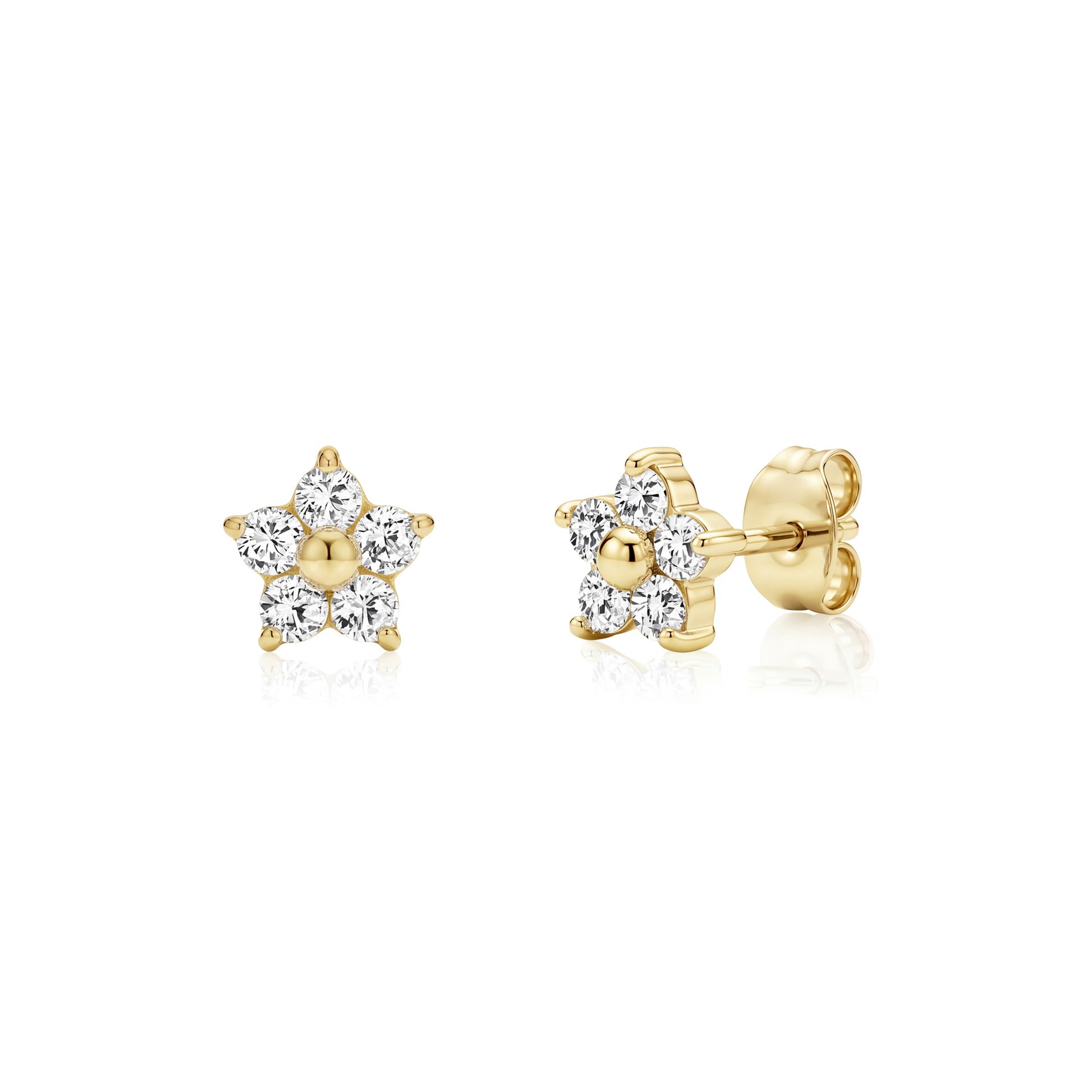Gold flower cluster stud earrings with cubic zirconia stones, front and side screw-back view