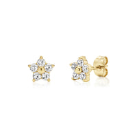 Gold flower cluster stud earrings with cubic zirconia stones, front and side screw-back view