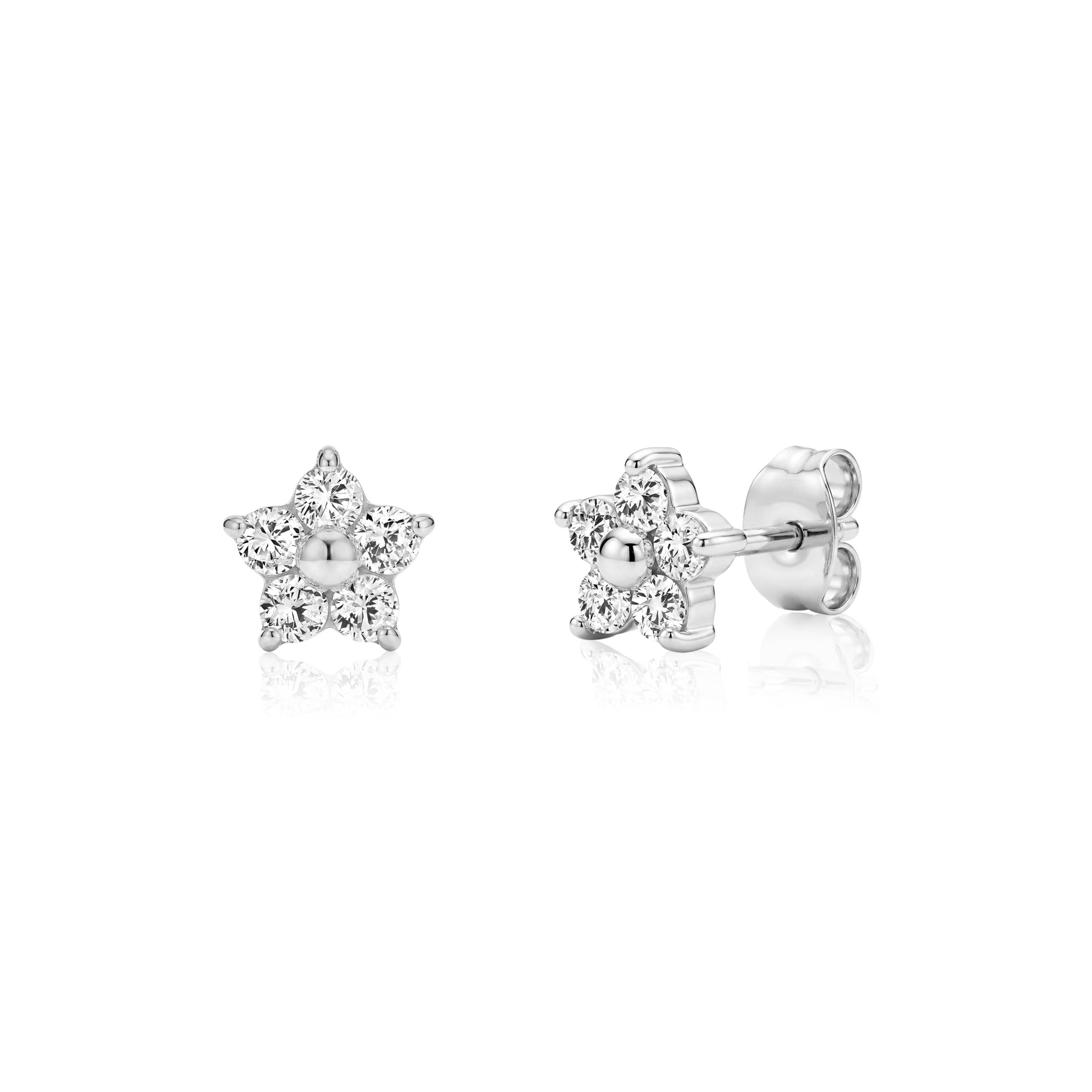 Silver flower cluster stud earrings with cubic zirconia stones, front and side screw-back view
