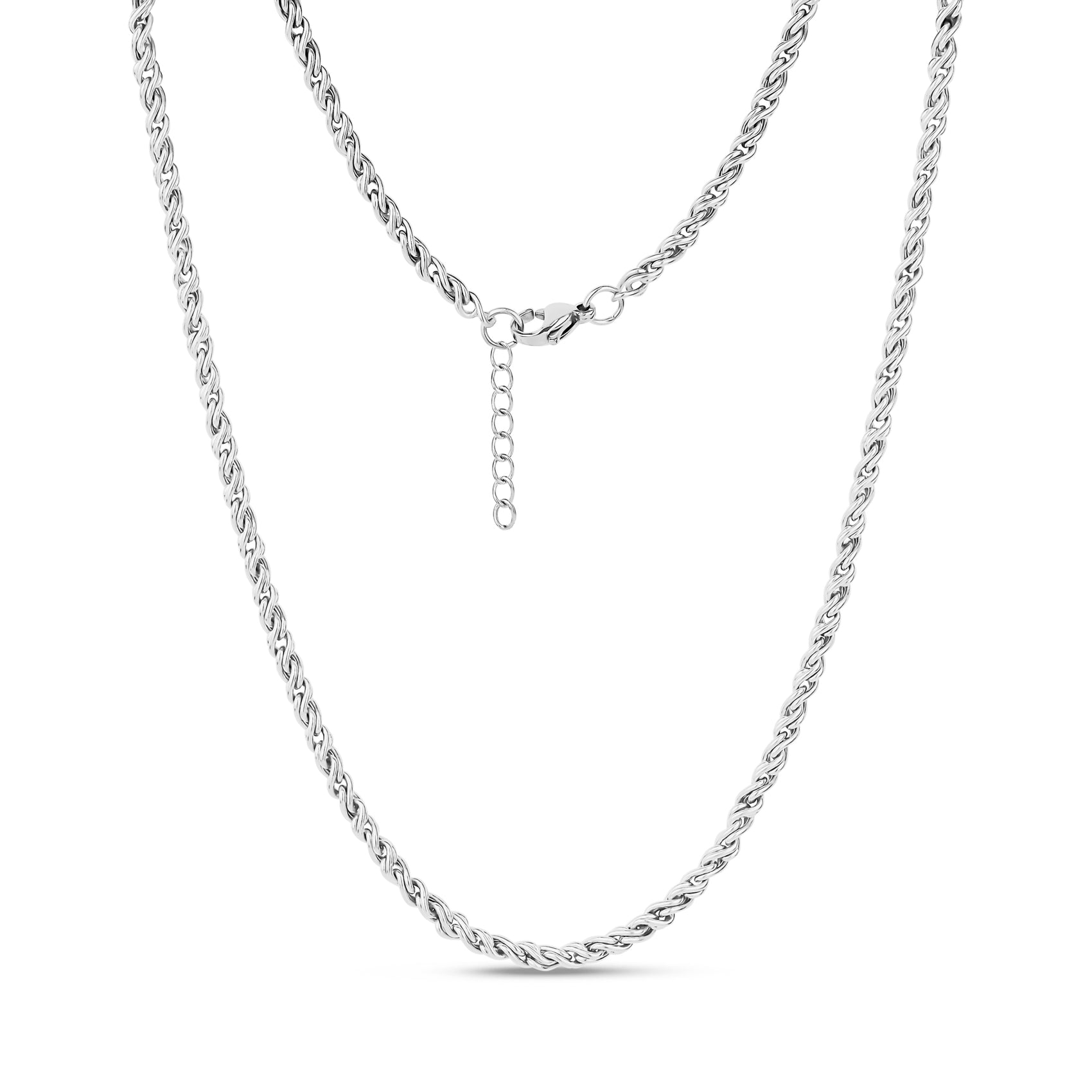 Silver Infinity Twist Necklace with 3mm wide rope chain and 16 inch length plus 2 inch extension