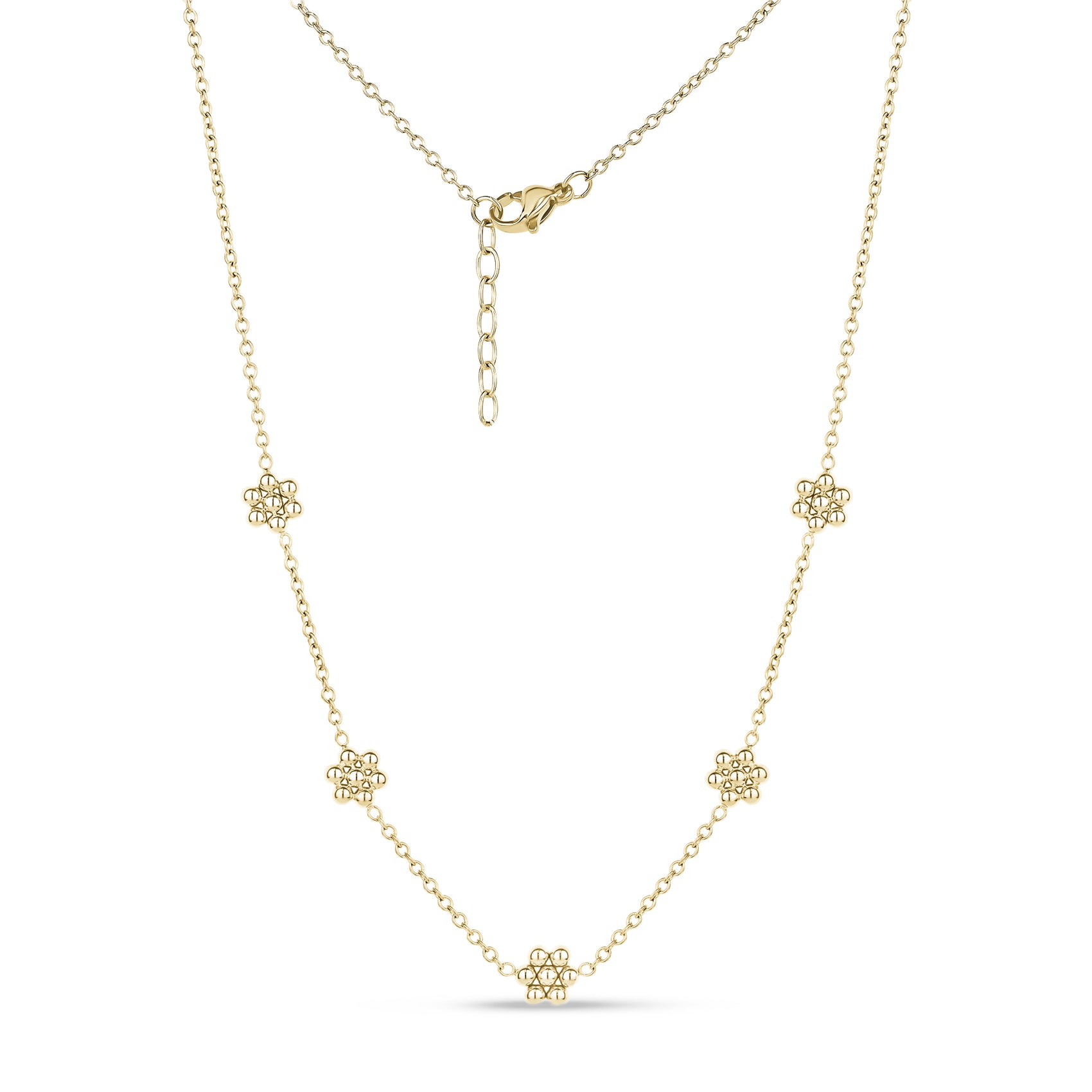 Gold women's necklace featuring small beaded sunflower charms spaced evenly on a fine chain with lobster clasp and adjustable extension.