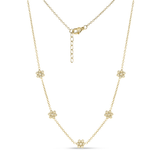 Gold women's necklace featuring small beaded sunflower charms spaced evenly on a fine chain with lobster clasp and adjustable extension.