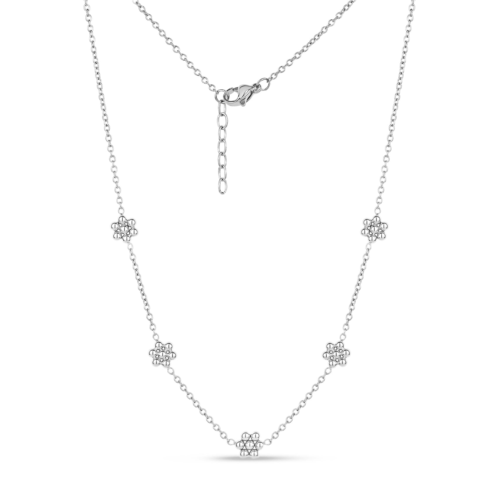 Silver women's necklace with multiple small beaded sunflower charms spaced along a fine chain with lobster clasp and extension.