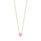 Gold-tone stainless steel necklace with a 10mm pink glass rose clover pendant on a 15 inch chain with 2 inch extension