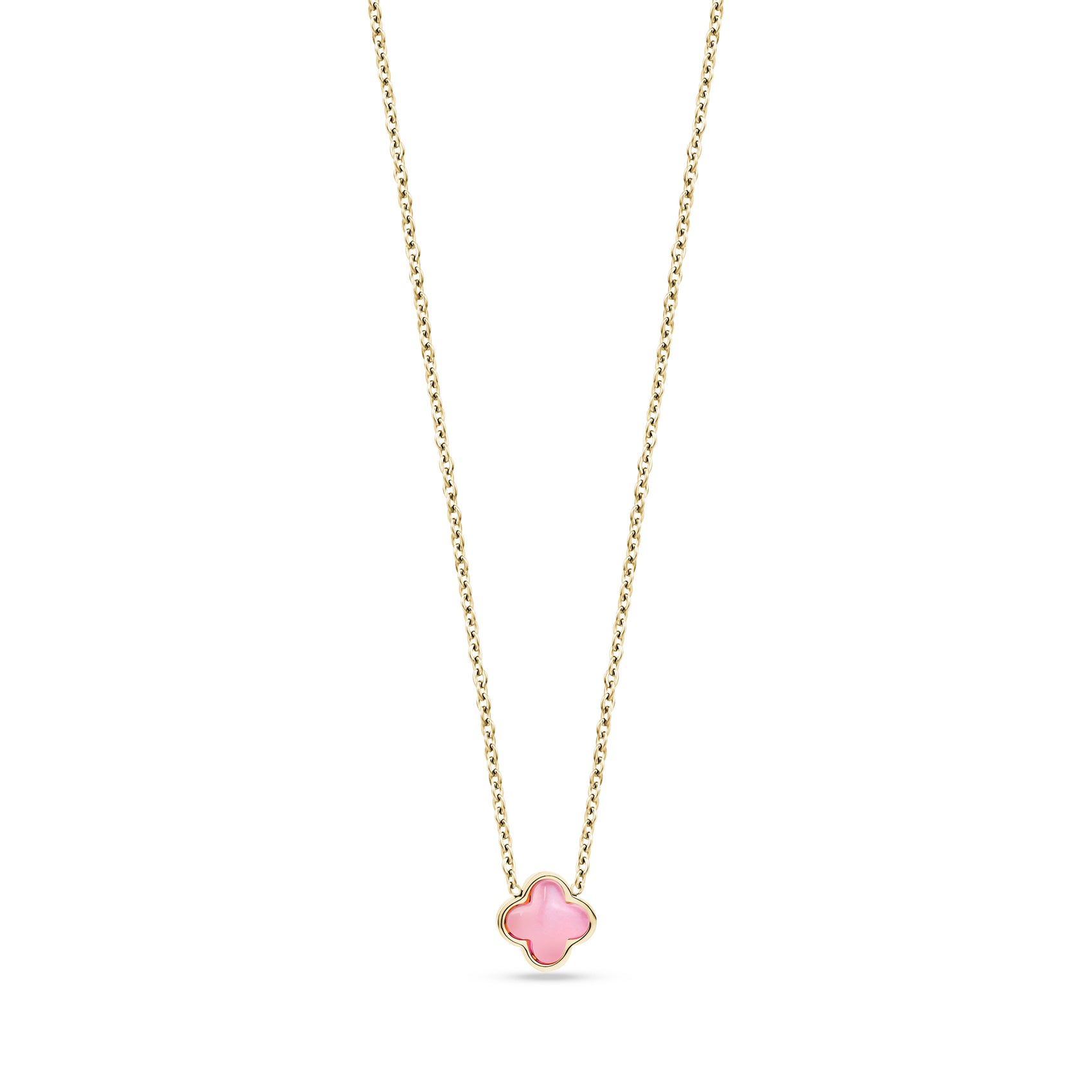 Gold-tone stainless steel necklace with a 10mm pink glass rose clover pendant on a 15 inch chain with 2 inch extension