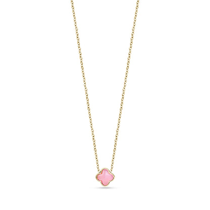 Gold-tone stainless steel necklace with a 10mm pink glass rose clover pendant on a 15 inch chain with 2 inch extension