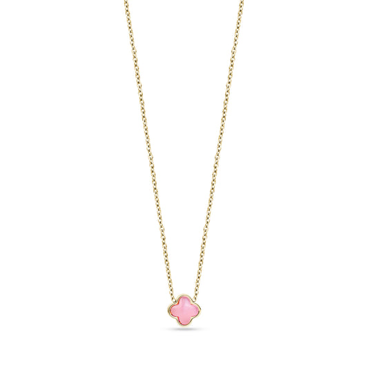 Gold-tone stainless steel necklace with a 10mm pink glass rose clover pendant on a 15 inch chain with 2 inch extension