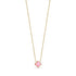 Gold-tone stainless steel necklace with a 10mm pink glass rose clover pendant on a 15 inch chain with 2 inch extension