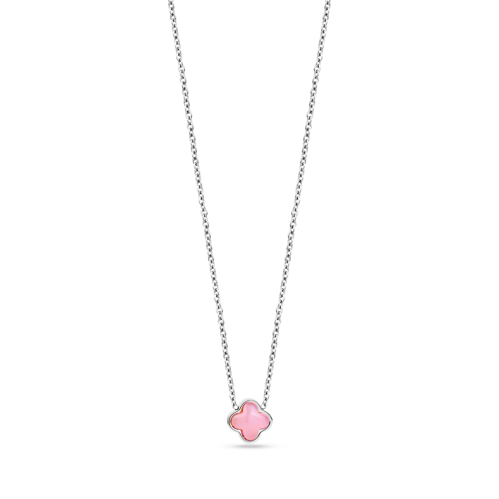 Silver-tone stainless steel necklace with a 10mm pink glass rose clover pendant on a 15 inch chain with 2 inch extension