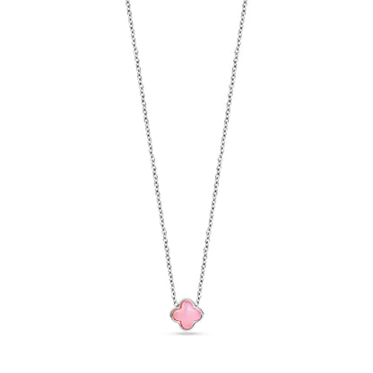 Silver-tone stainless steel necklace with a 10mm pink glass rose clover pendant on a 15 inch chain with 2 inch extension
