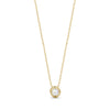 Gold sculpted bezel pearl necklace with 16 inch chain and white shell pearl pendant