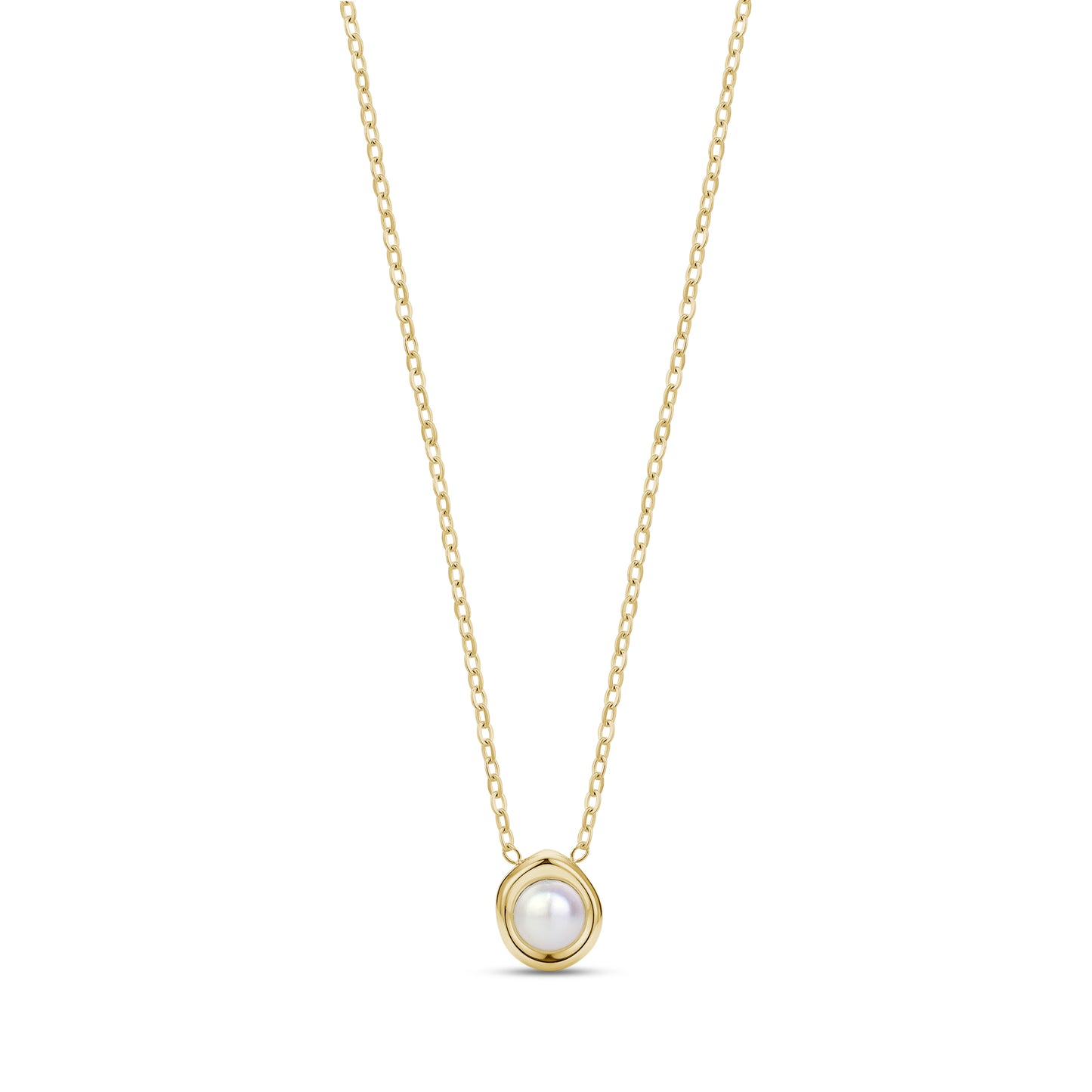 Gold sculpted bezel pearl necklace with 16 inch chain and white shell pearl pendant