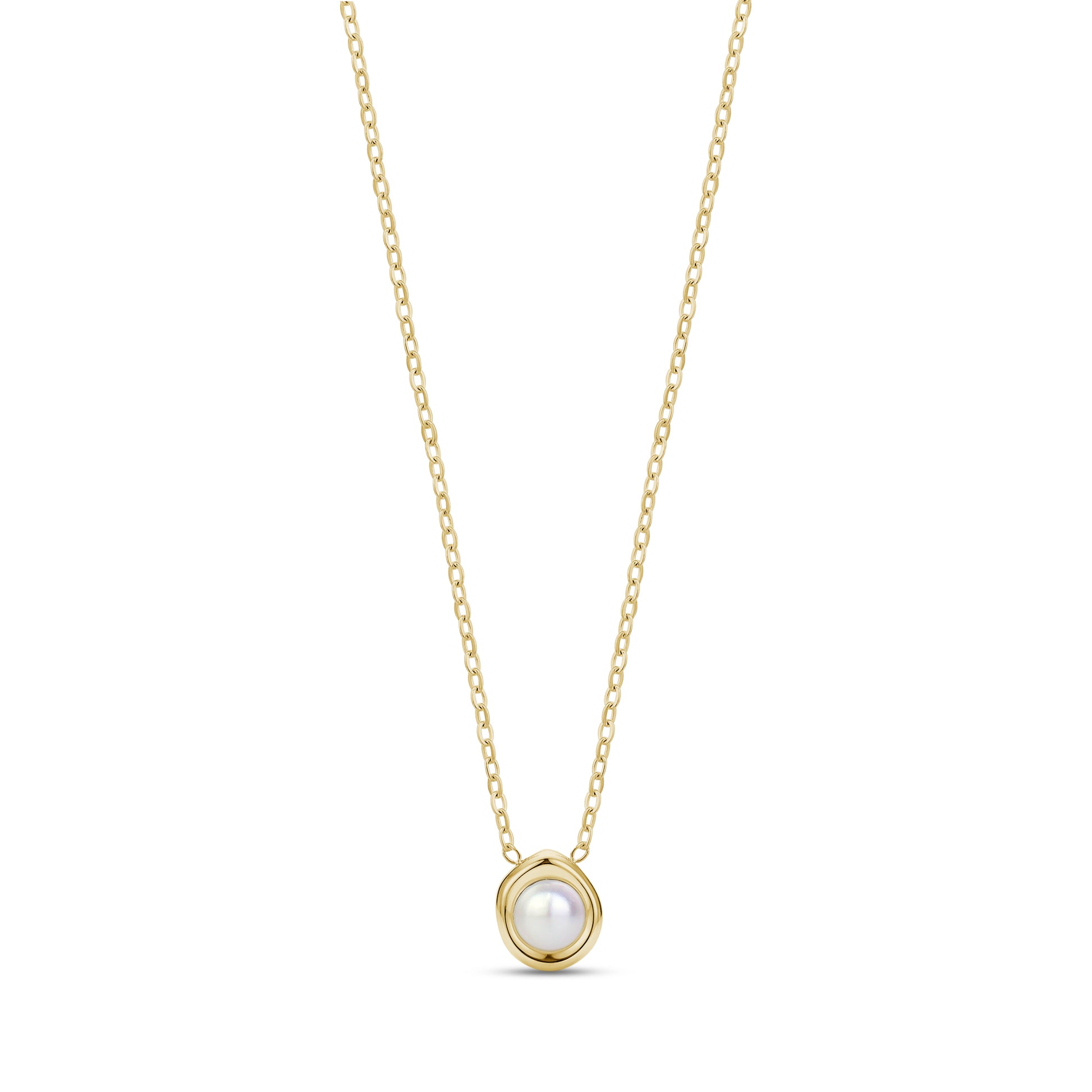 Gold sculpted bezel pearl necklace with 16 inch chain and white shell pearl pendant