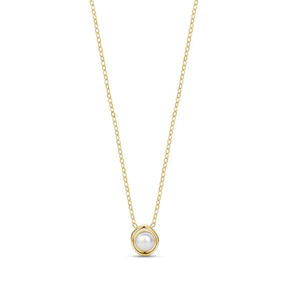 Gold sculpted bezel pearl necklace with 16 inch chain and white shell pearl pendant