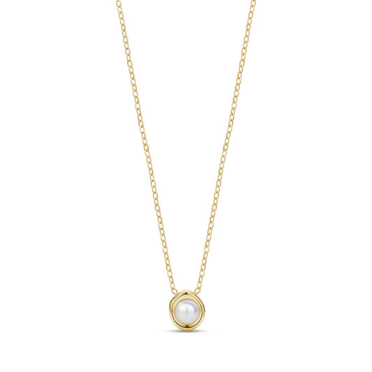 Gold sculpted bezel pearl necklace with 16 inch chain and white shell pearl pendant