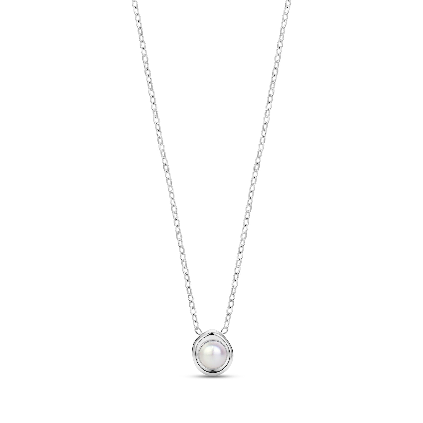 Silver sculpted bezel pearl necklace with 16 inch chain and white shell pearl pendant