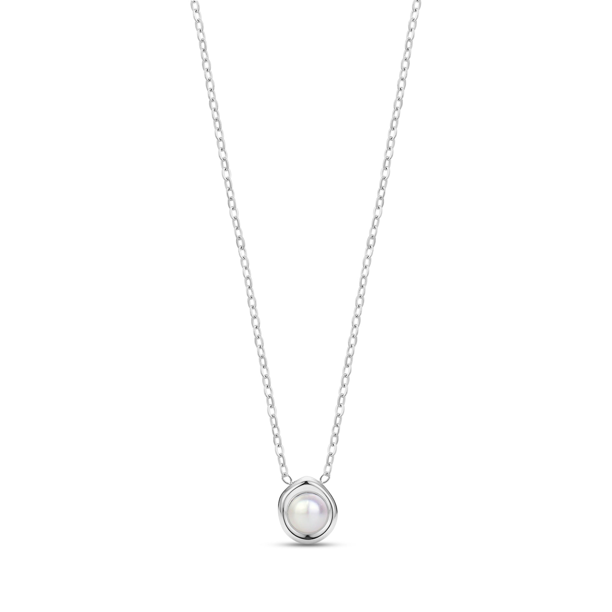 Silver sculpted bezel pearl necklace with 16 inch chain and white shell pearl pendant