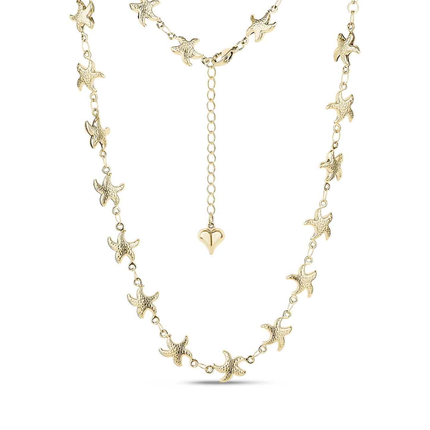 Gold stainless steel starfish link necklace with heart charm extension on white background