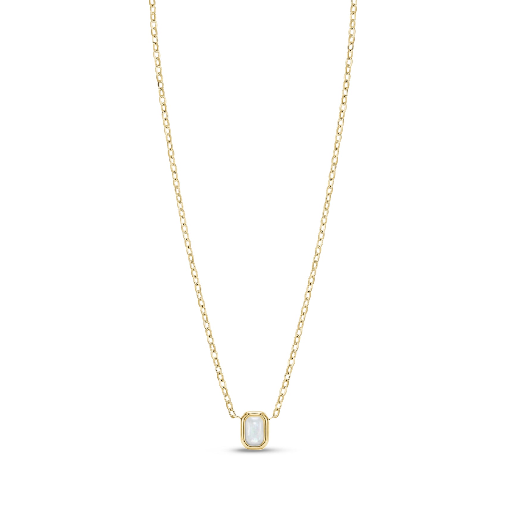 Gold stainless steel necklace featuring cushion-shaped mother of pearl charm on a delicate chain