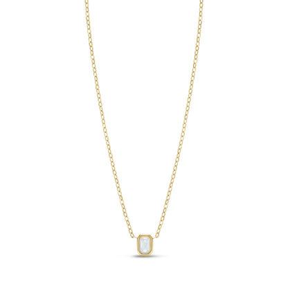 Gold stainless steel necklace featuring cushion-shaped mother of pearl charm on a delicate chain