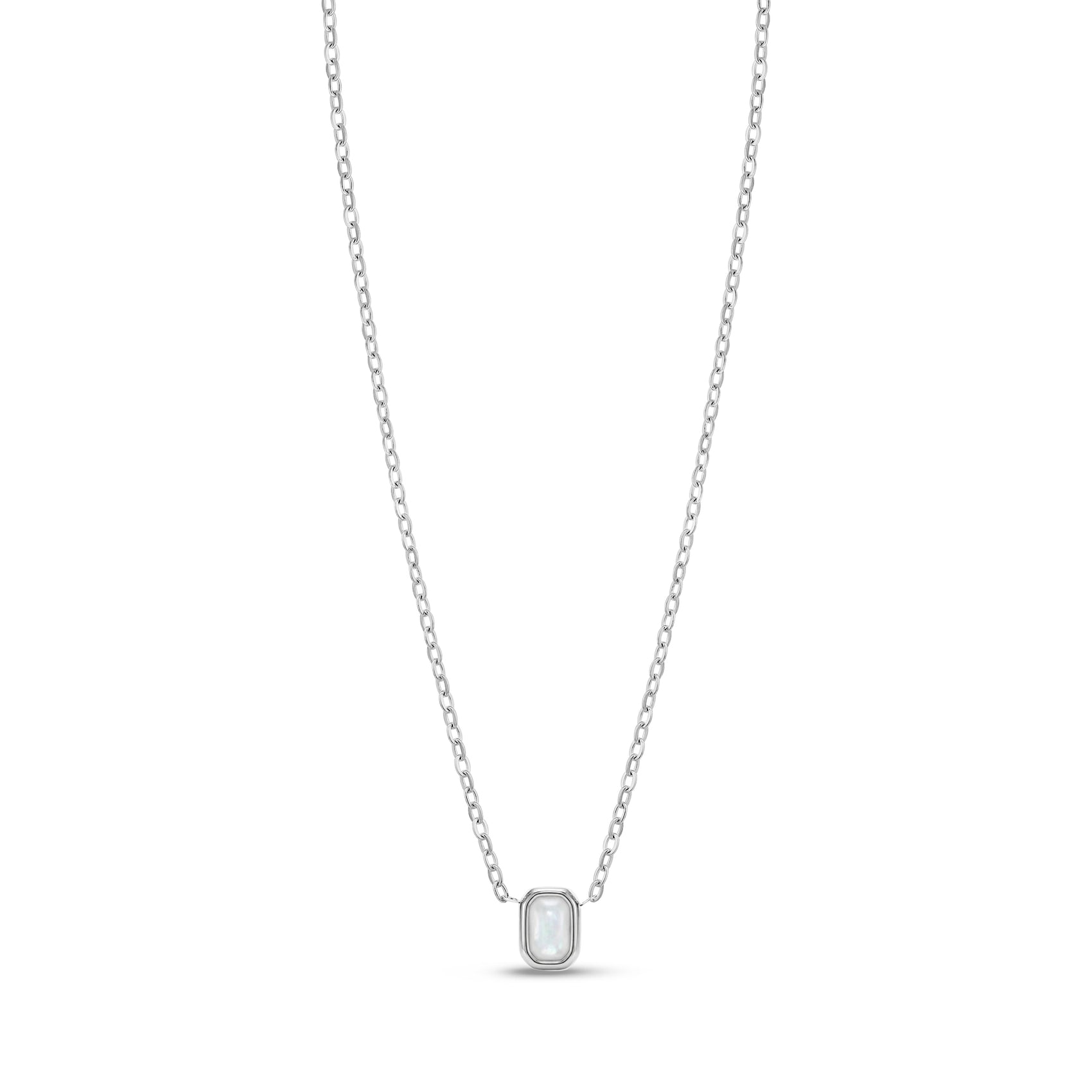 Silver stainless steel necklace with cushion-shaped mother of pearl charm on a fine chain