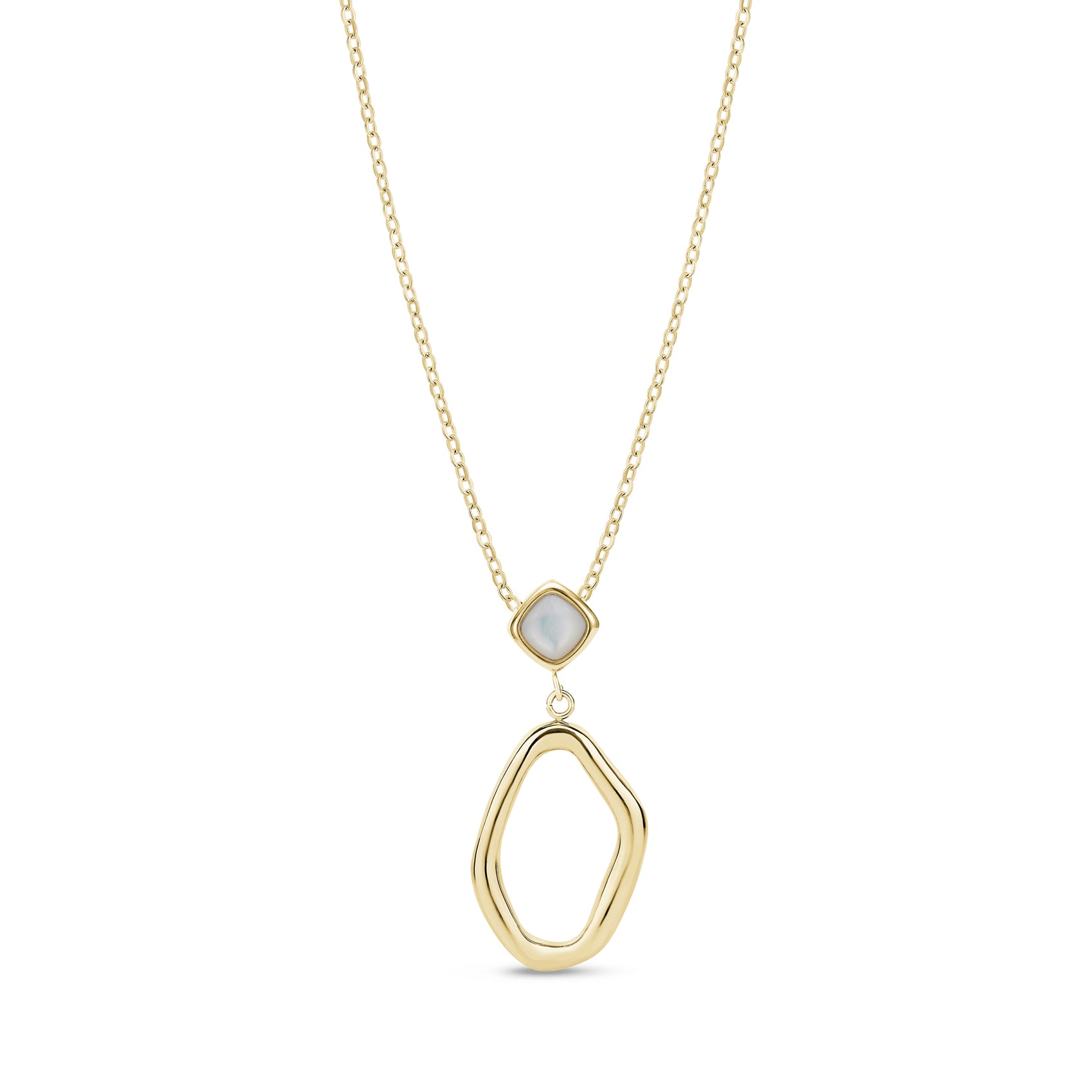 Gold stainless steel fluid drop necklace with mother of pearl square inlay pendant on adjustable chain