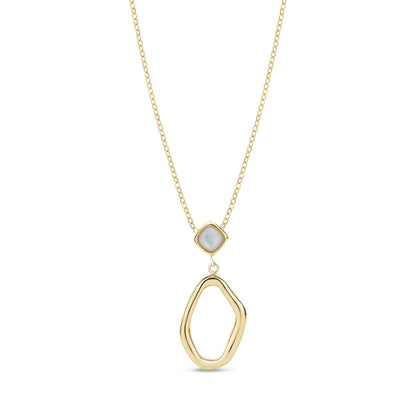 Gold stainless steel fluid drop necklace with mother of pearl square inlay pendant on adjustable chain
