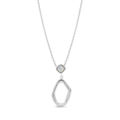 Silver stainless steel fluid drop necklace with mother of pearl square inlay pendant on adjustable chain
