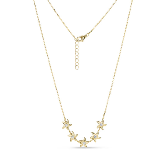 Gold stainless steel Starfish Stone Necklace with five cubic zirconia set starfish charms and adjustable chain length.