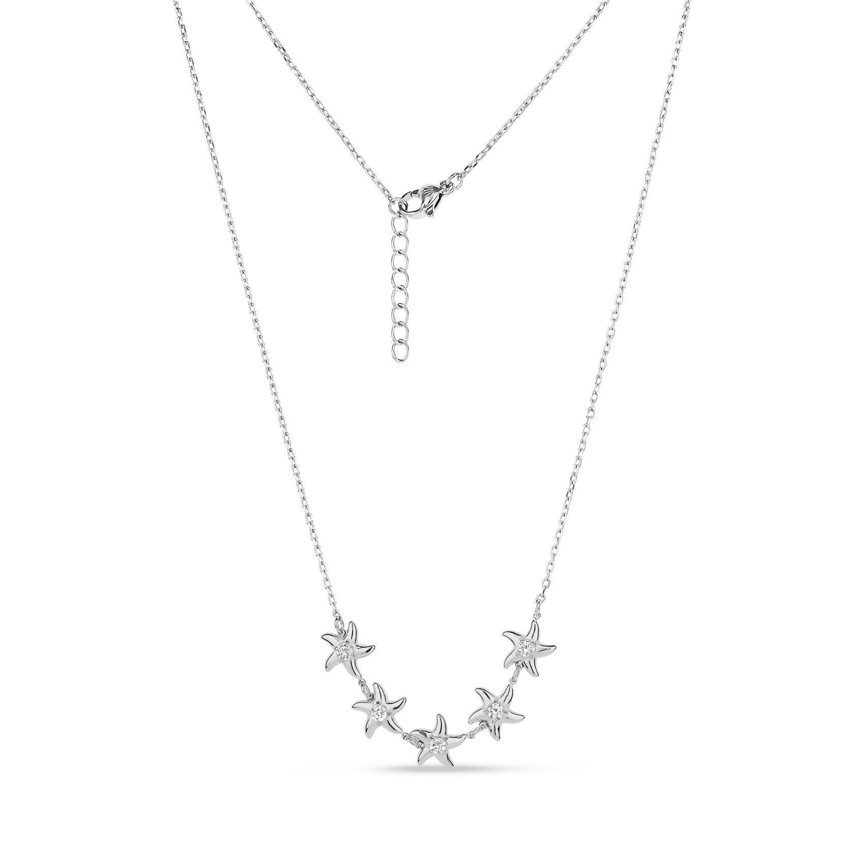 Silver stainless steel Starfish Stone Necklace with five cubic zirconia set starfish charms and adjustable chain length.