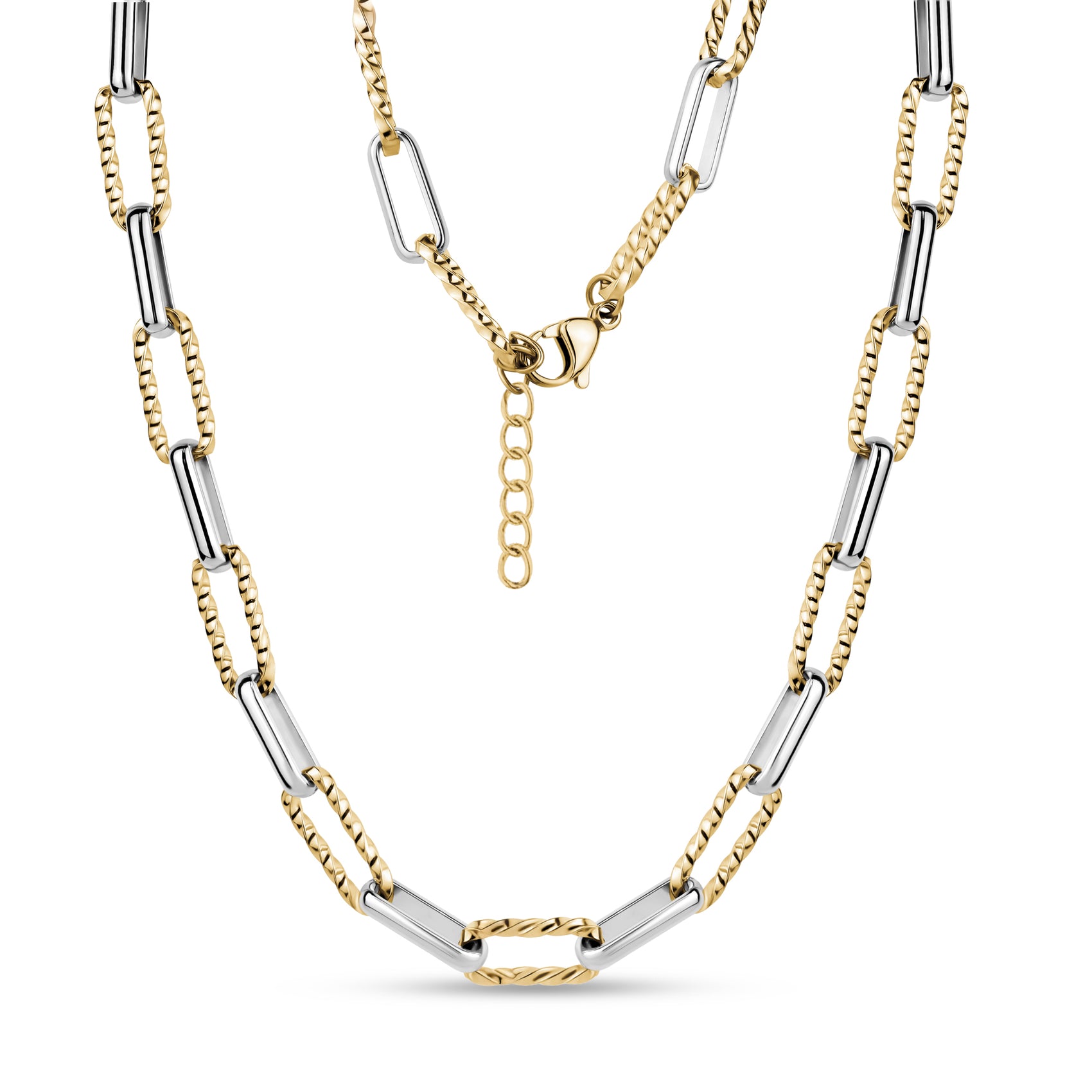 Close-up view of a contemporary two tone link necklace with alternating gold twisted and silver elongated links, featuring a lobster clasp and extender chain.