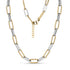 Close-up view of a contemporary two tone link necklace with alternating gold twisted and silver elongated links, featuring a lobster clasp and extender chain.