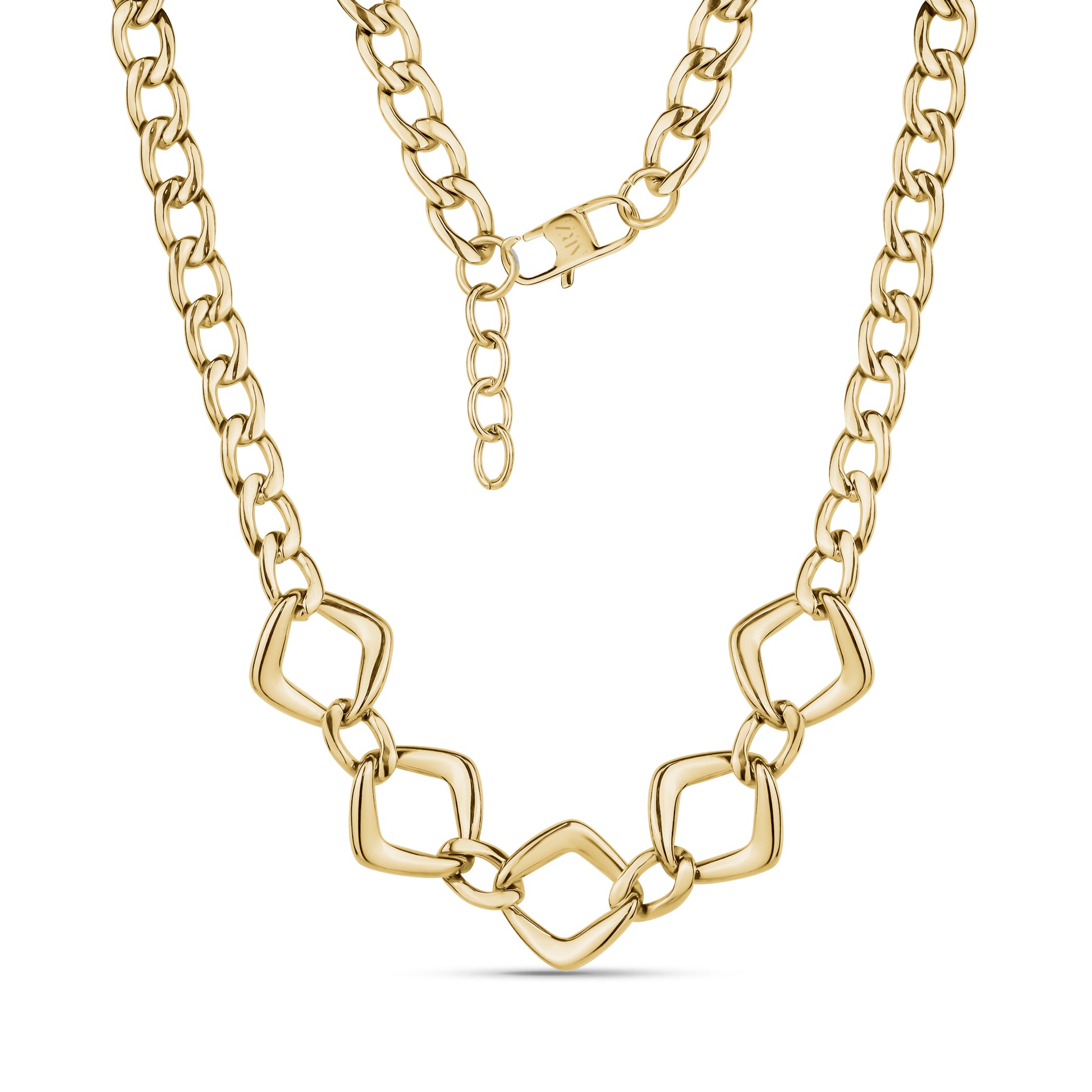 Gold bold geometric link necklace with 18mm square links and 8mm chain, 16 inch length with extension