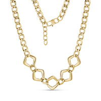 Gold bold geometric link necklace with 18mm square links and 8mm chain, 16 inch length with extension