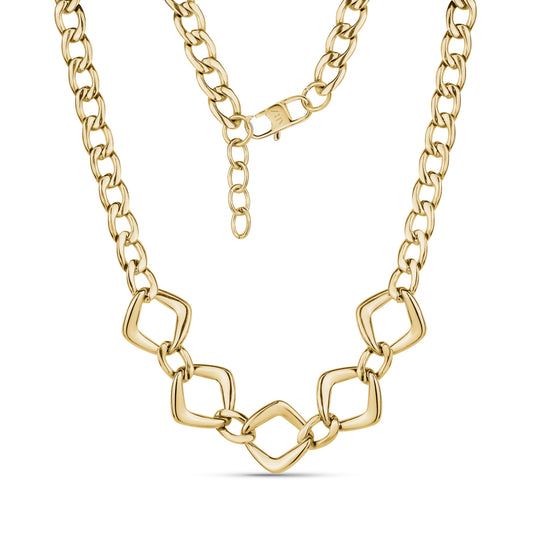 Gold bold geometric link necklace with 18mm square links and 8mm chain, 16 inch length with extension