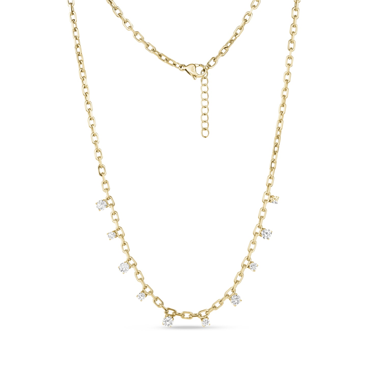 Gold floating stone chain necklace with 3mm links and clear stones, 16 inches plus 2-inch extension