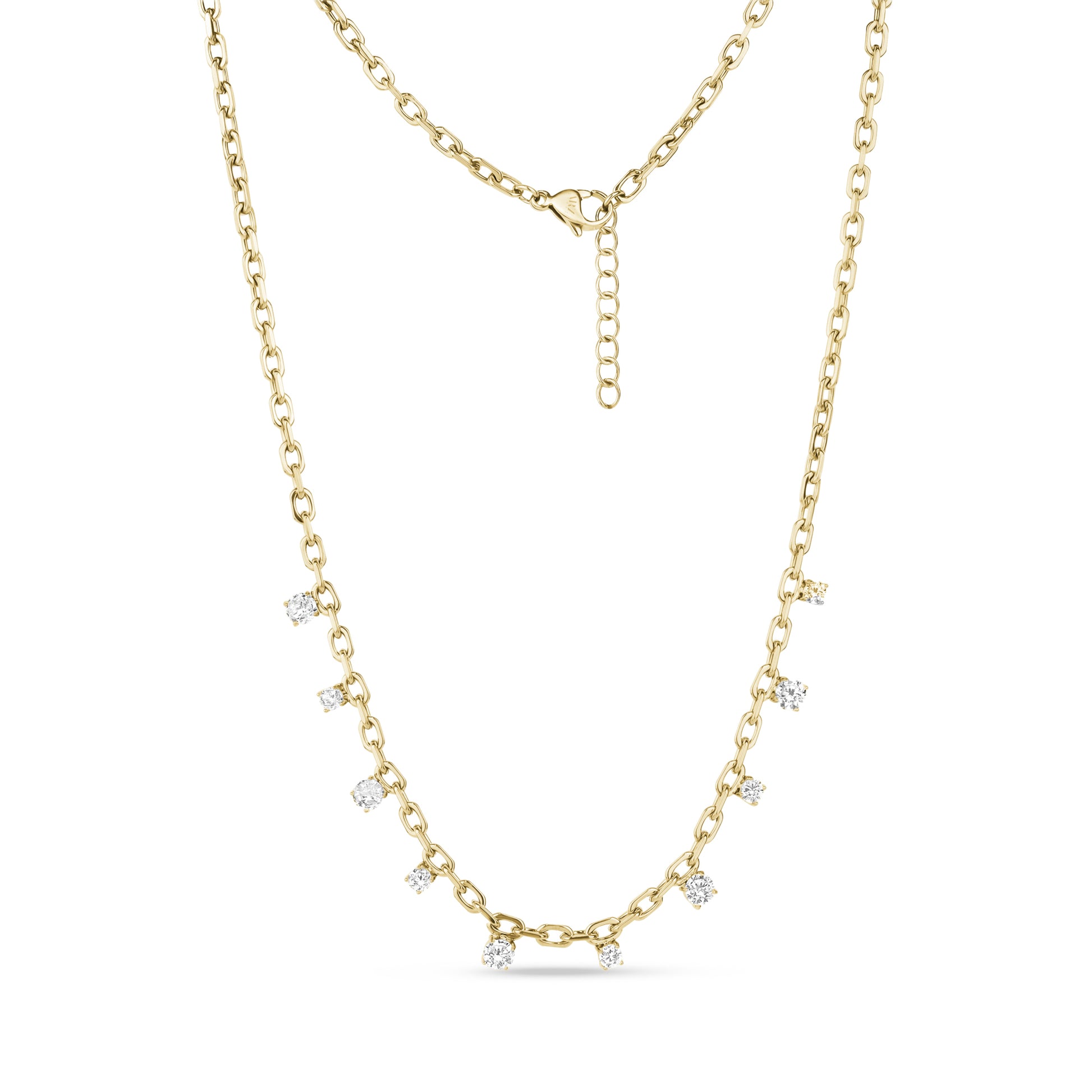 Gold floating stone chain necklace with 3mm links and clear stones, 16 inches plus 2-inch extension