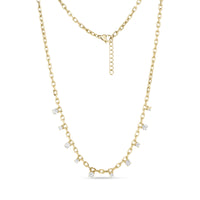 Gold floating stone chain necklace with 3mm links and clear stones, 16 inches plus 2-inch extension