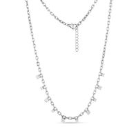 Silver floating stone chain necklace with 3mm links and clear stones, 16 inches plus 2-inch extension