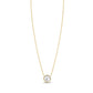 Gold tone stainless steel necklace with round mother of pearl pendant on white background