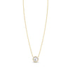 Gold tone stainless steel necklace with round mother of pearl pendant on white background