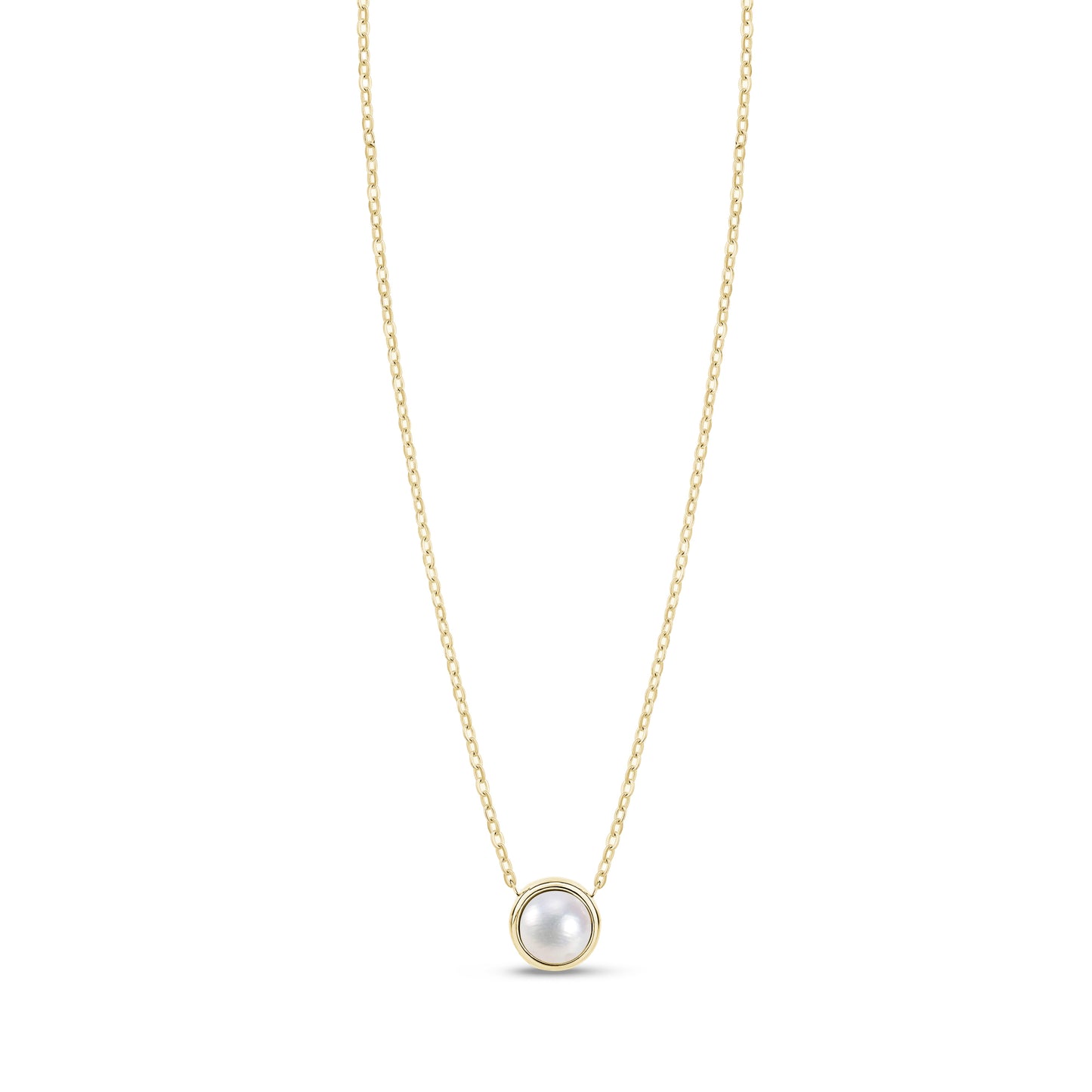 Gold tone stainless steel necklace with round mother of pearl pendant on white background