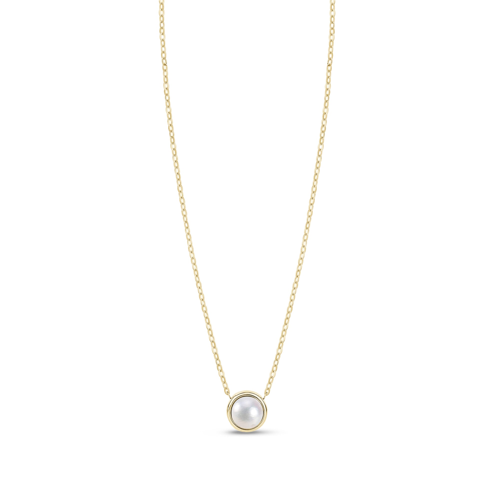Gold tone stainless steel necklace with round mother of pearl pendant on white background