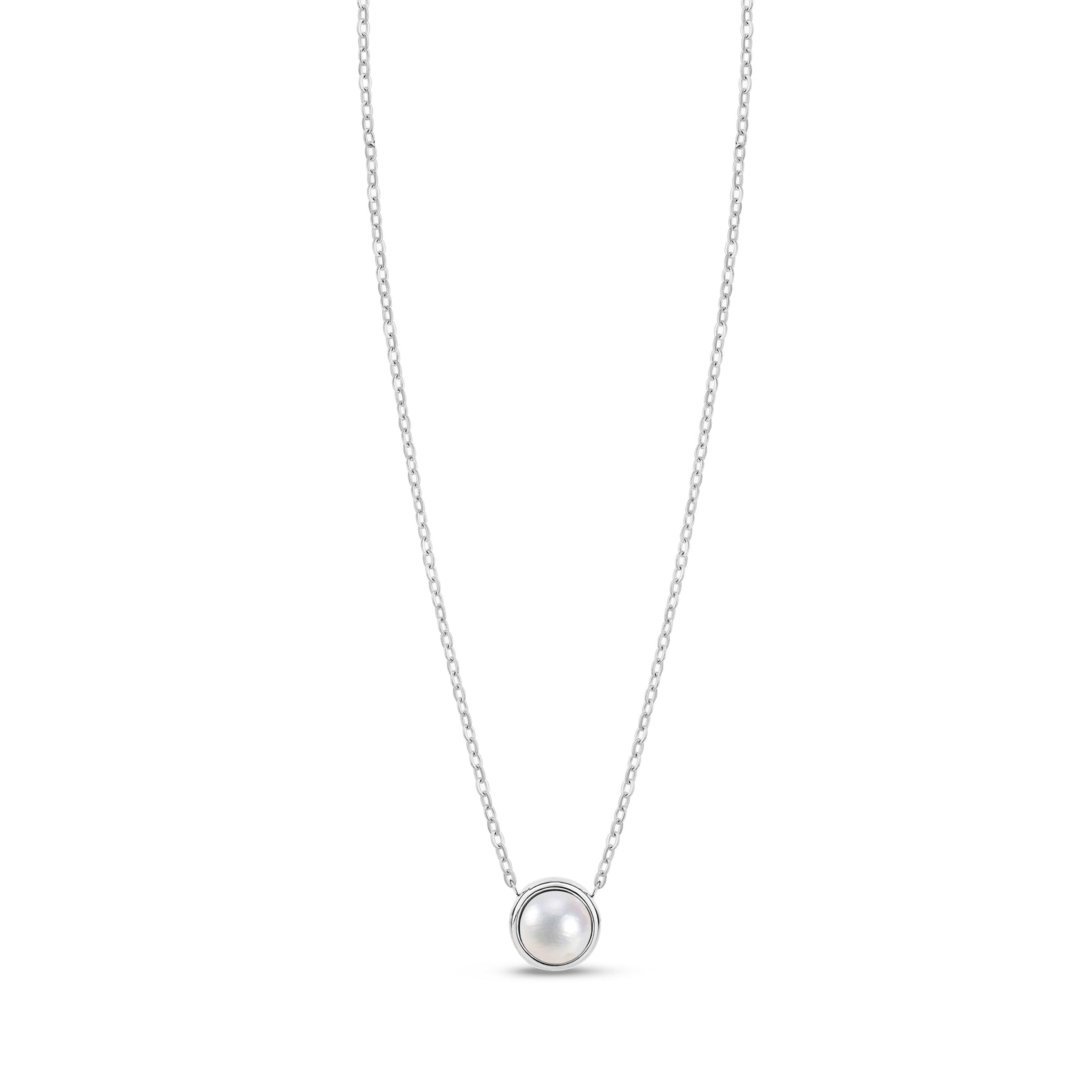 Silver stainless steel necklace with round mother of pearl pendant on white background