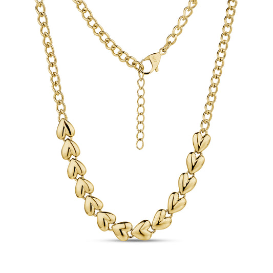Gold bold heart statement necklace with 10mm wide polished heart links on 5mm Cuban link chain, 16 inch length plus 2 inch extension