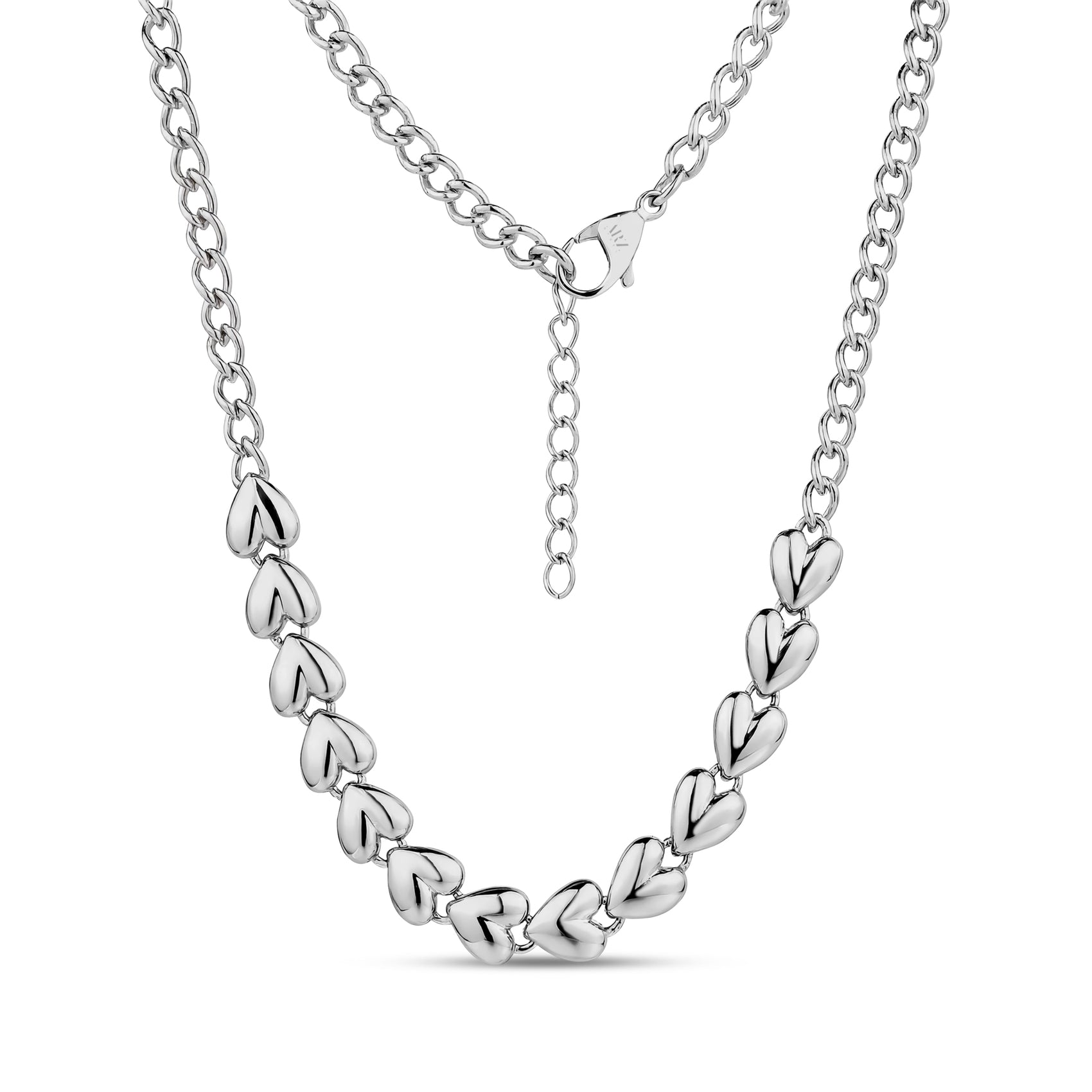 Silver bold heart statement necklace with 10mm wide polished heart links on 5mm Cuban link chain, 16 inch length plus 2 inch extension