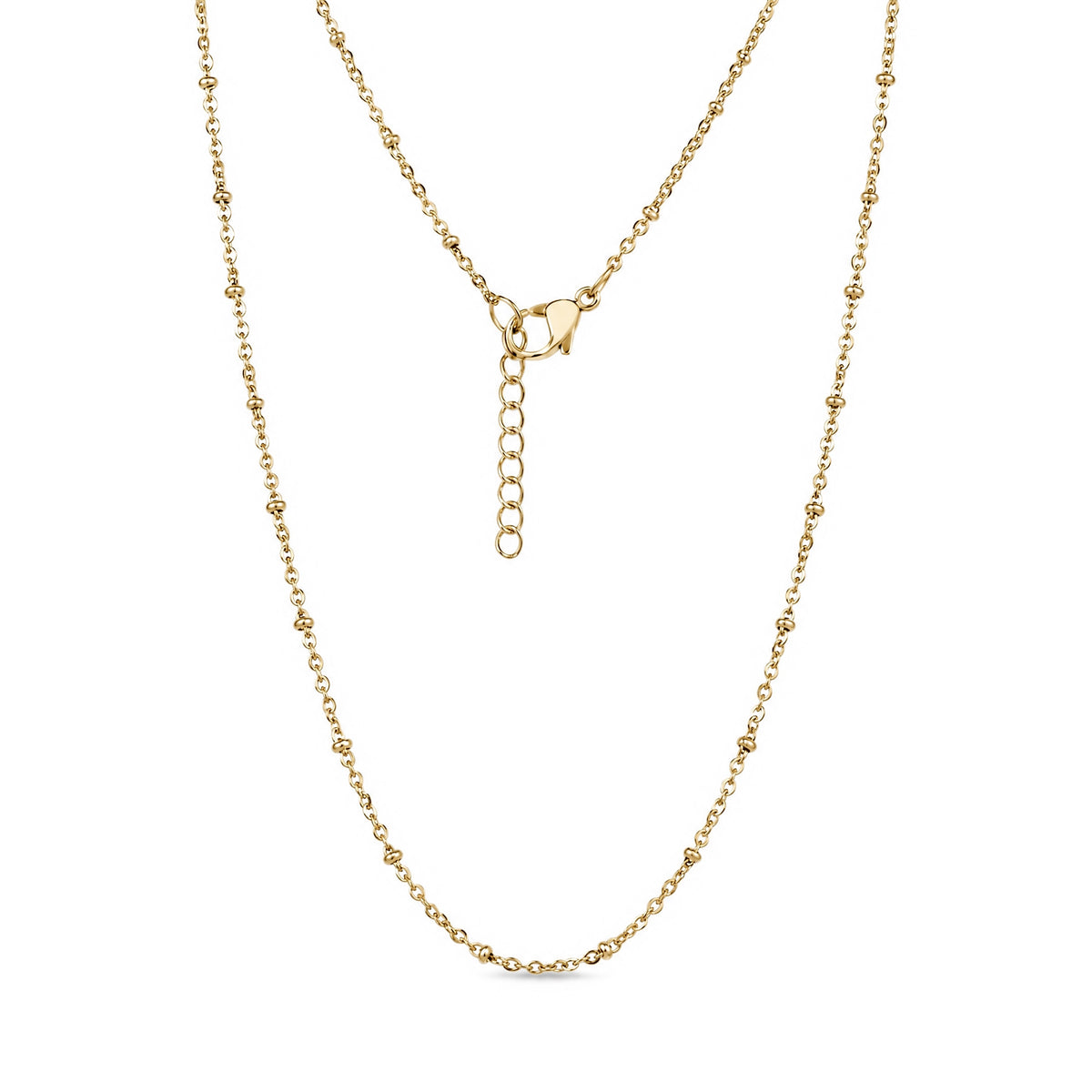Station link chain necklace in gold stainless steel, delicate chain necklace laid flat