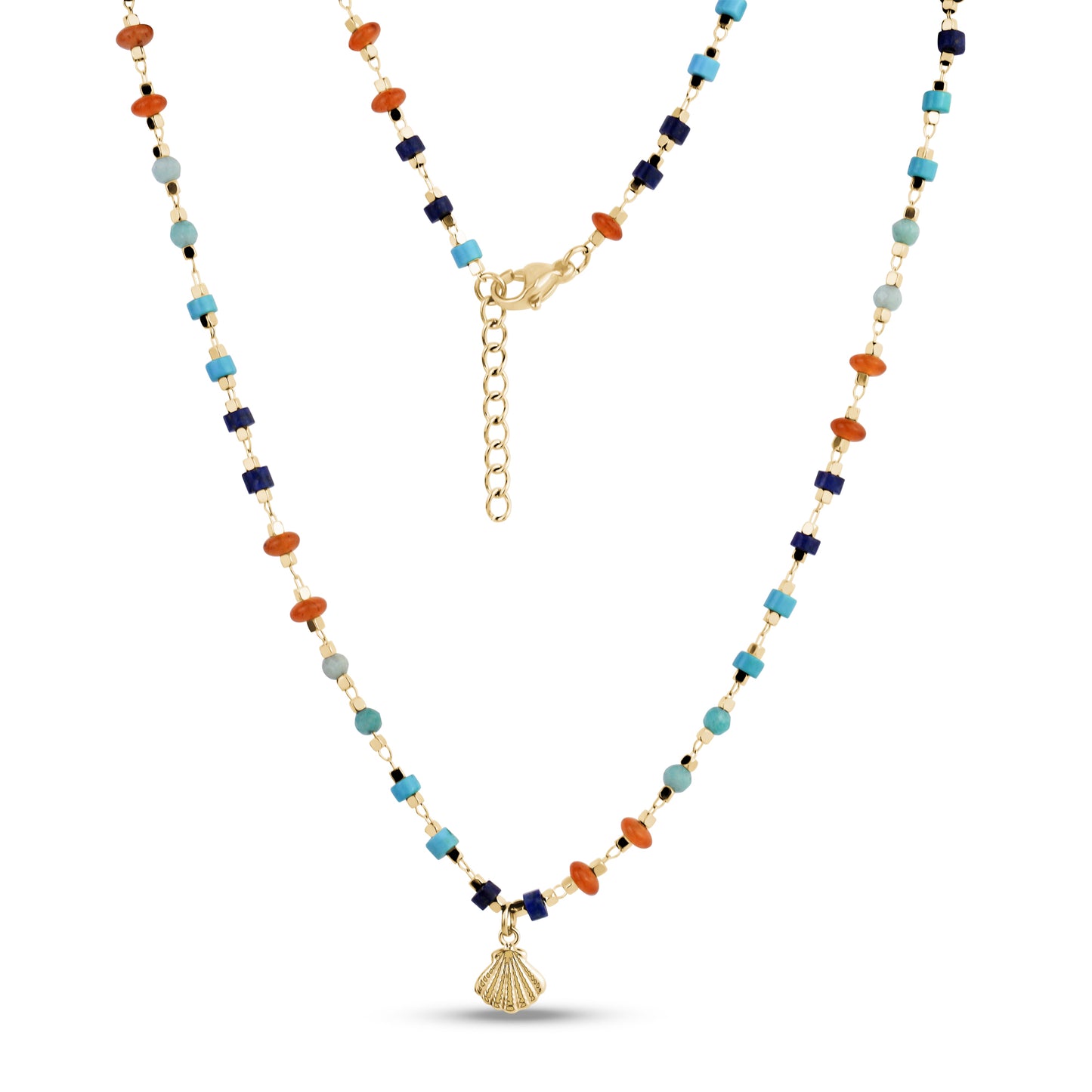 Gold stainless steel necklace featuring small 3mm turquoise, navy, light blue, and coral beads with a gold seashell charm and adjustable chain