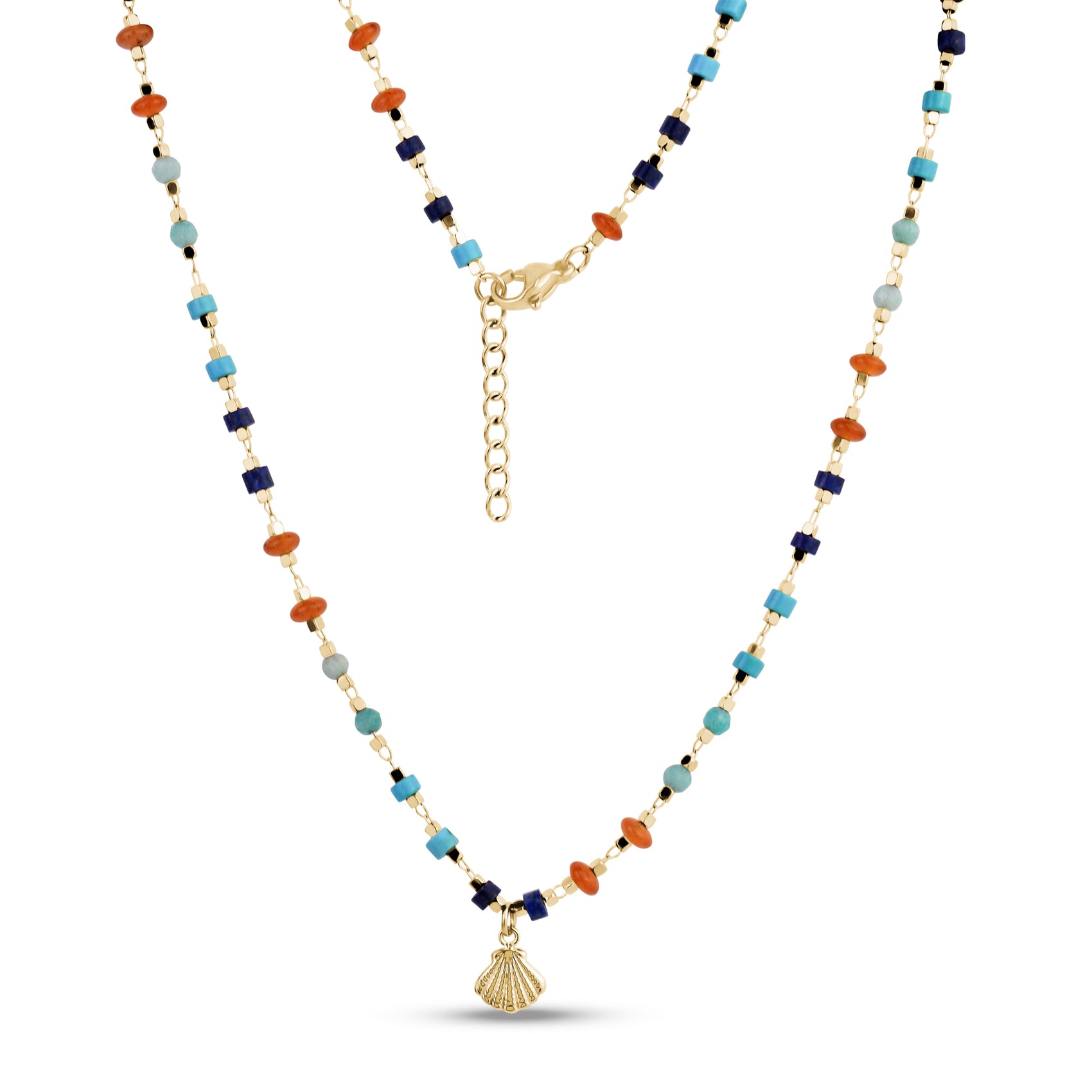 Gold stainless steel necklace featuring small 3mm turquoise, navy, light blue, and coral beads with a gold seashell charm and adjustable chain