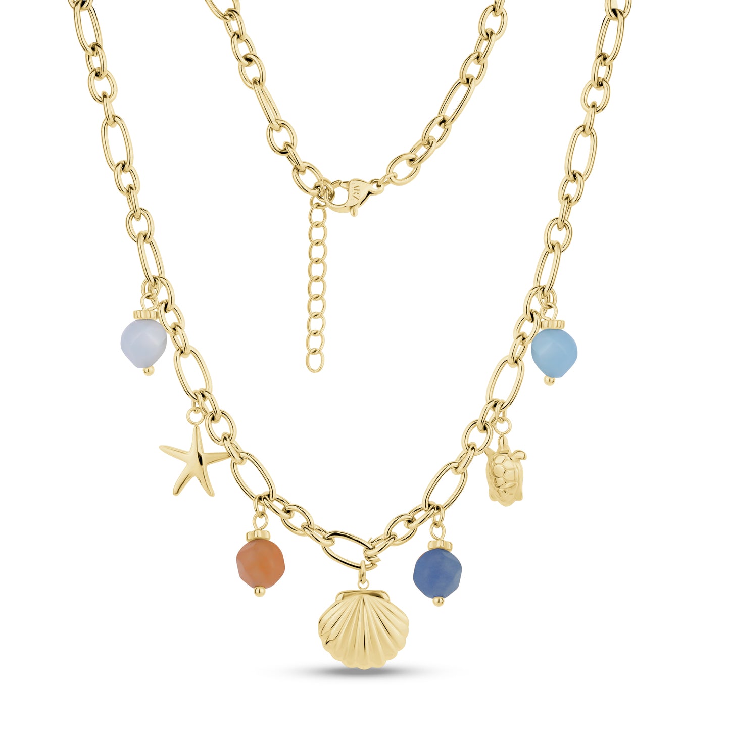 Gold stainless steel tropical charm necklace with starfish, seashell, turtle charms, and colorful beads on 5mm links